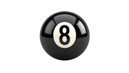 Glossy black eight ball with the number eight on white bg in Png