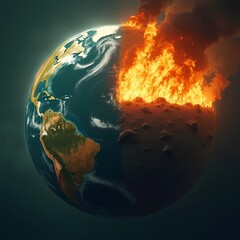  poster-style artwork of Earth half green and alive, half burning and dry, symbolizing climate change.