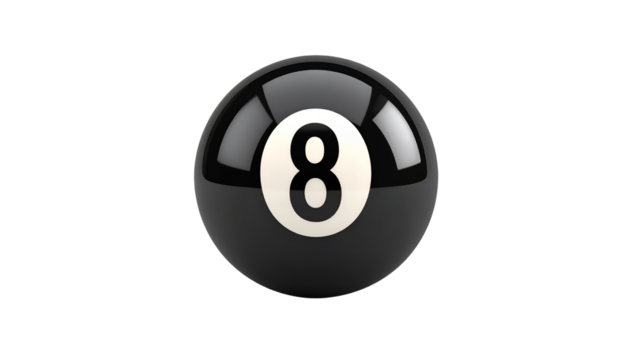 Glossy black eight ball with the number eight on white bg in Png