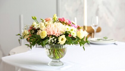 Fresh bouquet of flowers on table.