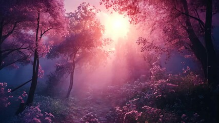 Enchanted Forest Path Radiant Pink Purple Trees Emerge from Mystical Fog at Dawn. - Powered by Adobe