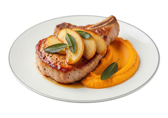 Perfectly pan-seared thick-cut pork chop with caramelized apples & fresh sage, sweet potato puree on elegant white plate, isolated on transparent background. Gourmet culinary delight