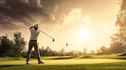 Golfer mid swing with a sleek golf club capturing the dynamic motion and focused expression surrounded by a scenic course with sand traps and a distant flag waving in the breeze