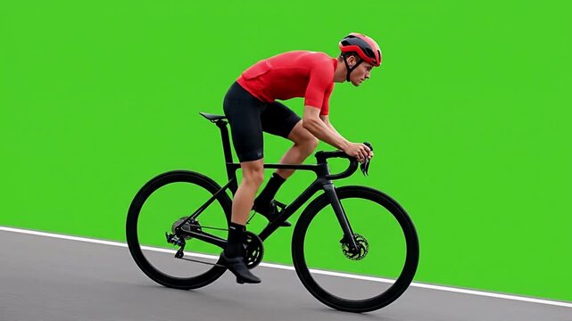 Professional cyclist in red sportswear riding bike on green screen, representing fitness, endurance, and healthy lifestyle content for sports motivation visuals.