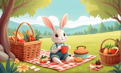 Cute Rabbit Enjoying a Sunny Picnic in a Lush Meadow