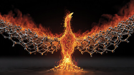 Molecular structure morphing into a fiery phoenix rising from scaled patterns.