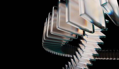 crystal rings with neon green white light texture on abstract black 3D background with glass dispersion holographic. Futuristic digital tech background. 3D illustration