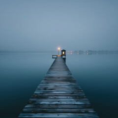 Obraz premium A wooden pier extending into a calm lake under a foggy and overcast sky view