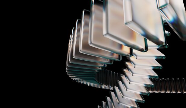 crystal rings with neon green white light texture on abstract black 3D background with glass dispersion holographic. Futuristic digital tech background. 3D illustration