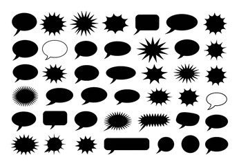 Collection of Black Speech Bubbles and Starburst Shapes on White Background