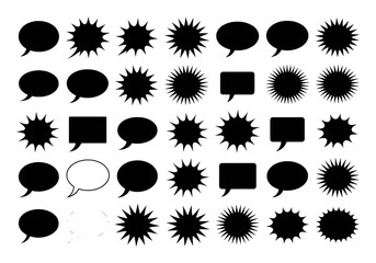 Collection of Black Speech Bubbles and Starburst Shapes on White Background