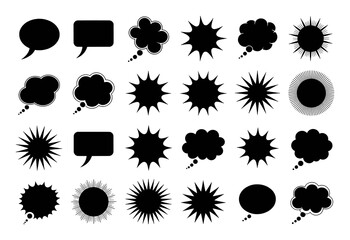 Collection of Black Speech Bubbles and Starburst Shapes on White Background