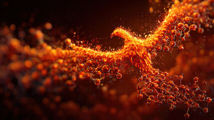 Molecular structure morphing into a fiery phoenix rising from scaled patterns.