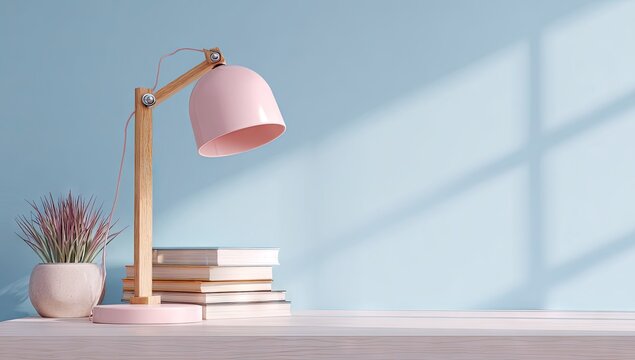 Pastel pink desk lamp, books, plant on light wood desk against a blue wall - Powered by Adobe