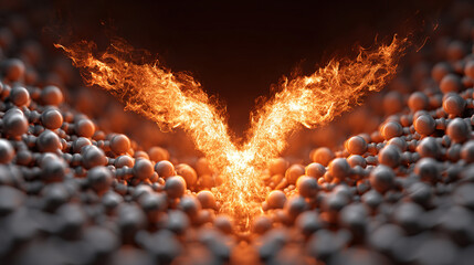 Molecular structure morphing into a fiery phoenix rising from scaled patterns.