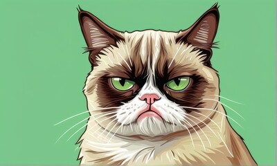 Grumpy Cat Portrait Close Up of a Beige and Brown Feline with Green Eyes Against a Green Background