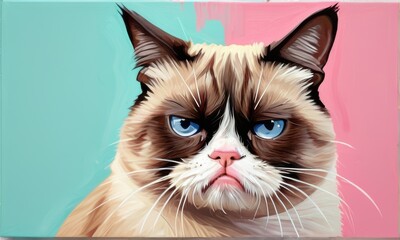 Grumpy Cat Portrait Against Teal and Pink Background