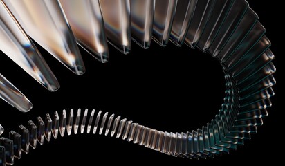 3D illustration of abstract black 3D background with glass dispersion holographic, futuristic digital tech background, and closeup of connected crystal rings with neon green white light texture