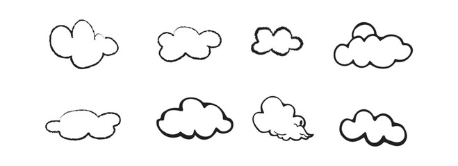 Black crayon cloud shapes set. Hand drawn doodle collection. Rough scribbled clouds bundle