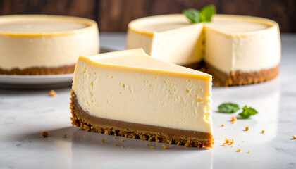 Creamy Cheesecake Slice with Marble Table.