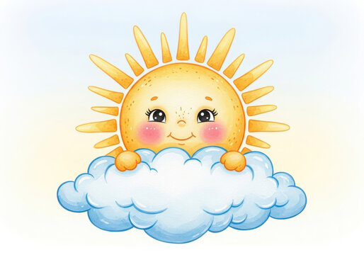 Cute cartoon sun character peeking over a fluffy white cloud