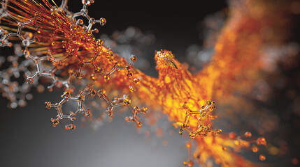 Molecular structure morphing into a fiery phoenix rising from scaled patterns.