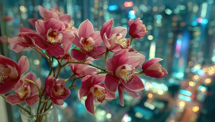 Pink orchids in vase, city lights blurred background