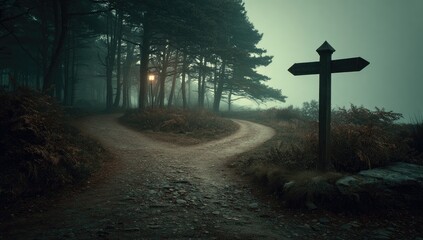 Foggy forest path forks, signpost