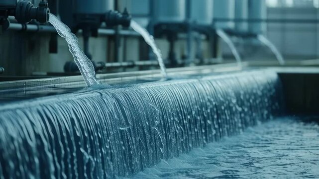 Water treatment plant clean water flows over filtration system industrial facility, modern purification process, clean water flows from pipes into