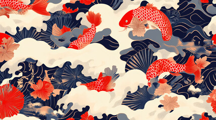 Traditional Japanese Floral Textile Pattern with Cherry Blossom and Wave Decorative Design background,generative ai	
