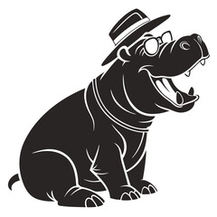 Obraz premium Stylized black and white illustration of a happy cartoon hippopotamus wearing a fedora hat and glasses
