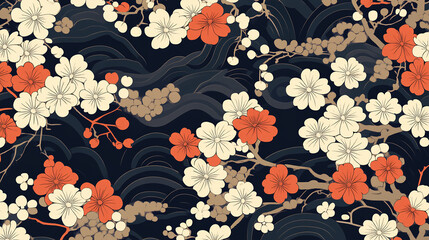 Traditional Japanese Floral Textile Pattern with Cherry Blossom and Wave Decorative Design background,generative ai	
