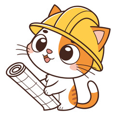 Cute cartoon cat wearing a yellow hard hat and holding blueprints