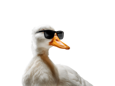 White duck wearing black sunglasses
