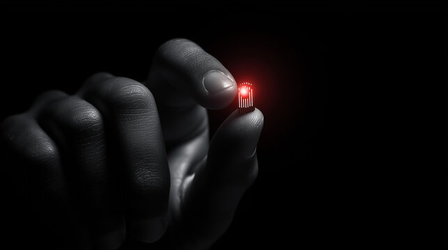 A fingerprint circulating on a biometric security technology concept with a hologram of red light in a dark background,