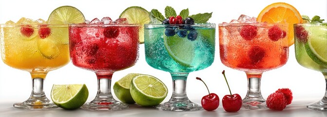 Colorful iced drinks with fruit garnishes