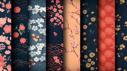 Traditional Japanese Floral Textile Patterns with Cherry Blossom Decorative Style background,generative ai
