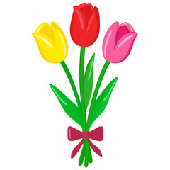 A colorful bouquet of three tulips with green leaves and a pink bow