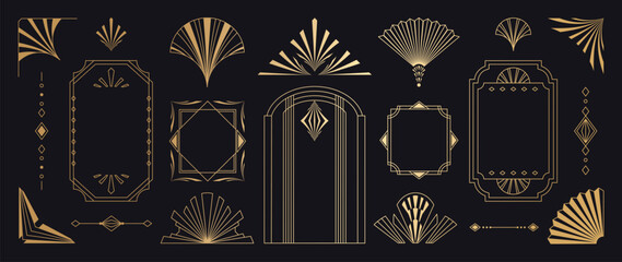 Geometric art deco ornament vector set. Luxury golden decorative elements with different lines, frames, headers, dividers and borders. Set of elegant design suitable for card, invitation, poster.