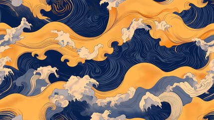 Traditional Japanese Wave and Cloud Textile Patterns in Decorative Design background,generative ai