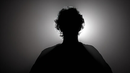 A silhouette in dim light with a faint glow, creating a mysterious and atmospheric mood.