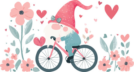 Fototapeta premium Whimsical watercolor gnome riding a pink bicycle through a garden of pink flowers and hearts