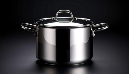 Shiny stainless steel pot with lid and handles, set against a dark background