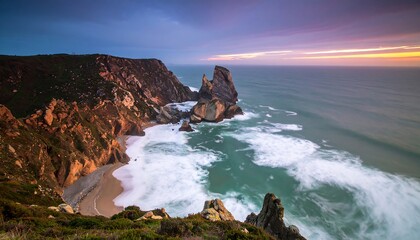 Dramatic coastal sunset over rugged cliffs