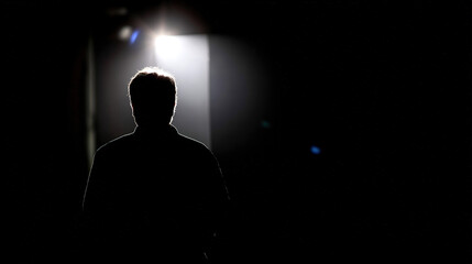 A silhouette in dim light with a faint glow, creating a mysterious and atmospheric mood.