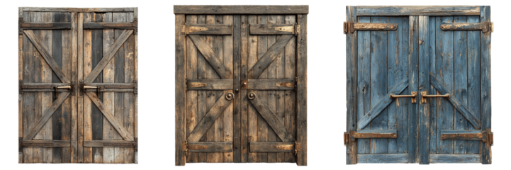 Rustic Wooden Barn Doors with Brass Handles Isolated on Transparent Background