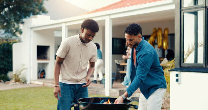 People, friends and grill for bbq outdoor to check fire, new years party and social gathering. Men, help and prepare barbecue for lunch reunion, setup flame and bonding activity in backyard at house