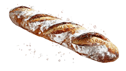 Long loaf of artisan bread, light brown crust, sprinkled with flour