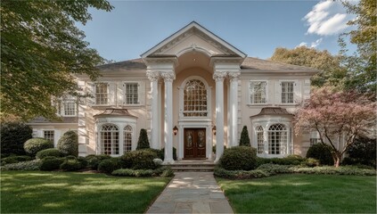 Grand, light-beige house with columns, trees