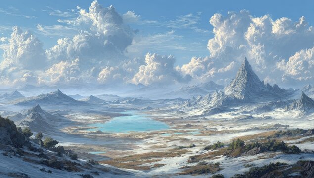 Serene snow-capped mountains, turquoise lake, and vast plains under a bright, cloudy sky